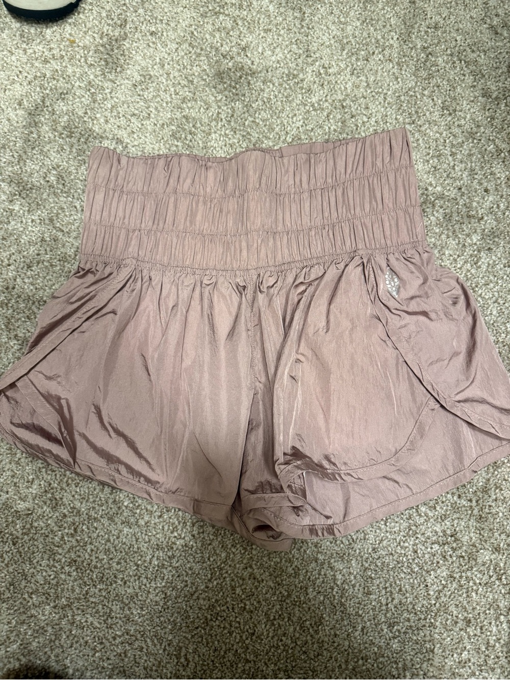 Free People Smocked High-Rise Athletic Shorts in Mauve
